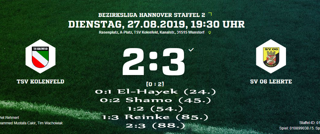 Kolenfeld SV 06 Lehrte Ergebnis Bezirksliga Herren 27 08 2019