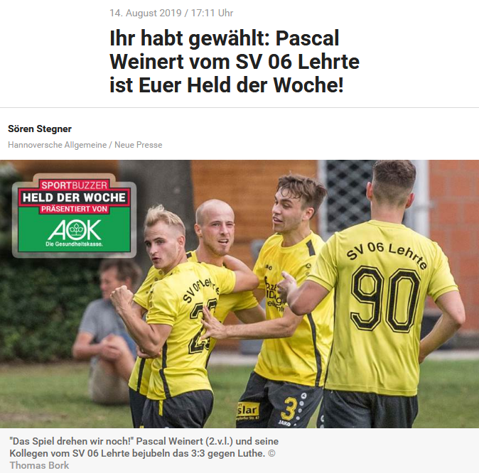 Pascal Weinert vom SV 06 Lehrte ist Euer Held der Woche