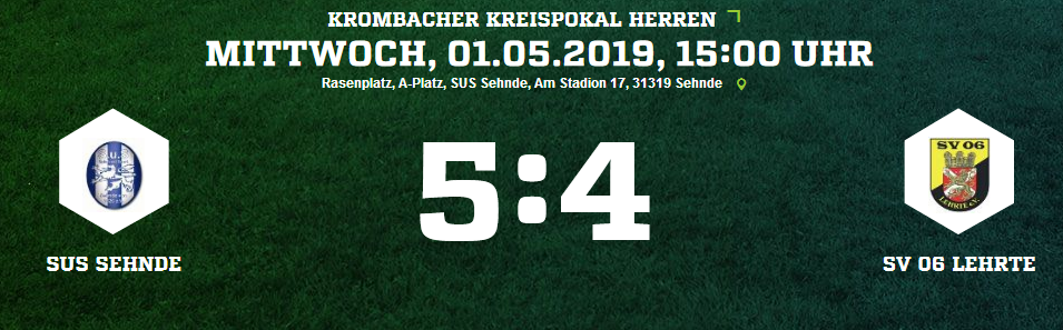 SUS Sehnde SV 06 Lehrte Ergebnis Kreispokal Herren 01 05 2019