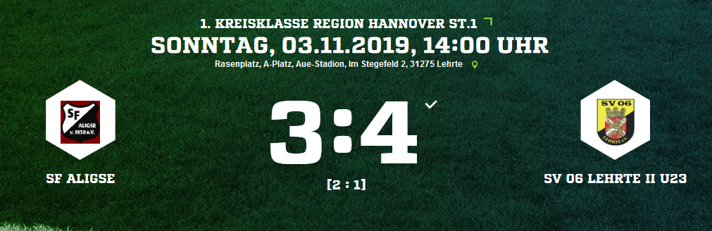 SF Aligse SV 06 Lehrte II U23 Ergebnis 1 Kreisklasse Herren 03 11 2019