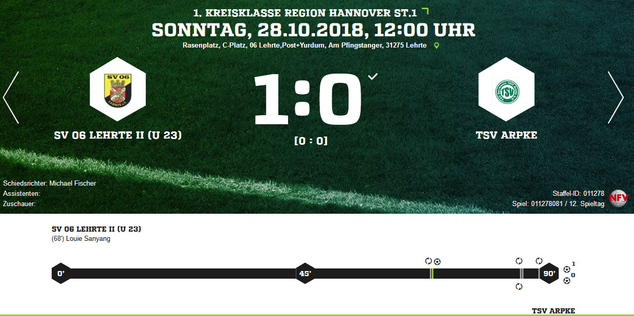 Screenshot 2018 10 28 SV 06 Lehrte II U 23 TSV Arpke Ergebnis 1 Kreisklasse Herren 28 10 2018