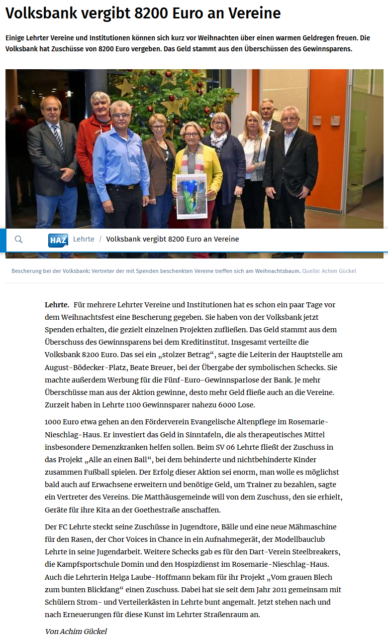 2018 12 29 Volksbank vergibt 8200 Euro an Vereine